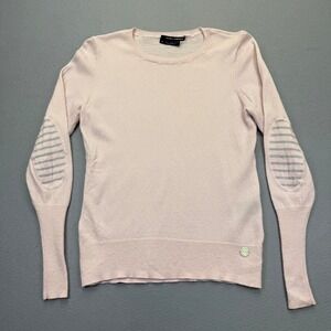 Noel Asmar Womens Merino Wool Sweater Pink Striped Elbow Patch Crew Neck Size M